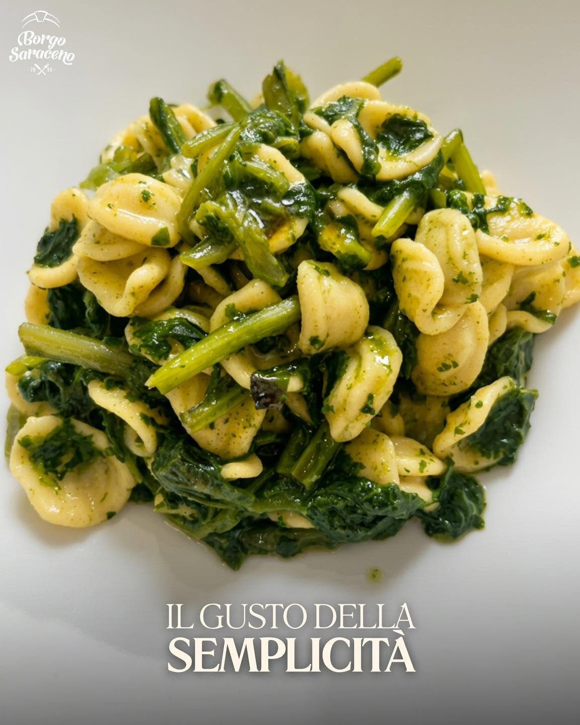 Orecchiette con cime di rapa su piatto bianco, logo Borgo Saraceno e scritta «Il gusto della semplicità