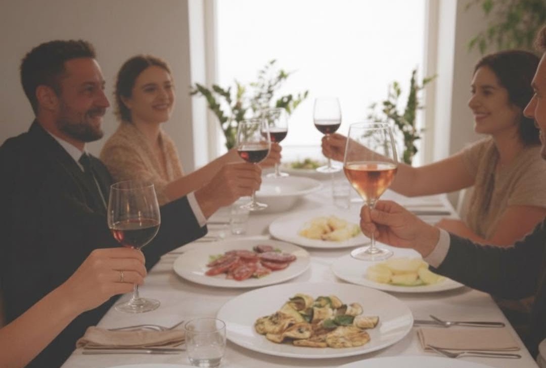 Gruppo di amici brinda con calici di vino rosso e rosé a una tavola apparecchiata con salumi, verdure grigliate e formaggio